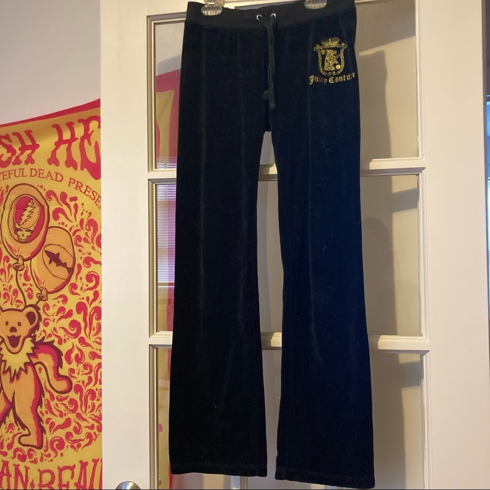 Juicy Couture black velour sweatpants with gold emblem on the side